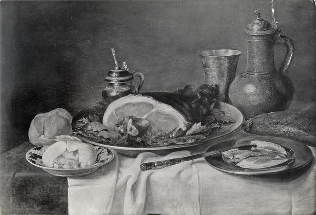 Anonimo — Heda Willem Claesz. - sec. XVII - Natura morta con prosciutto, pane, piatti, brocca e coppa — insieme